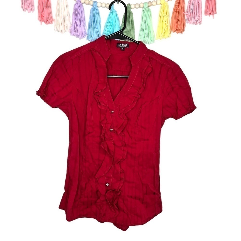 Express Y2K Button Ruffled Red Textured Career Professional Blouse Extra Small